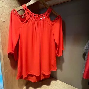 Daniel Rain 3/4 bell sleeve, cold shoulder lace embellished red dress top